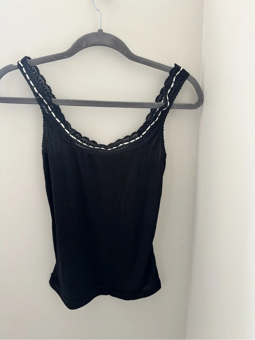 Free People Black Lace-Trim Ribbed Tank